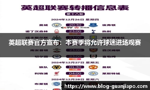 英超联赛官方宣布：本赛季将允许球迷进场观赛